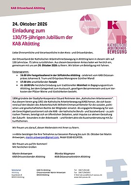Banner Einladung zum 130/75-jährigen Jubiläum der KAB Altötting